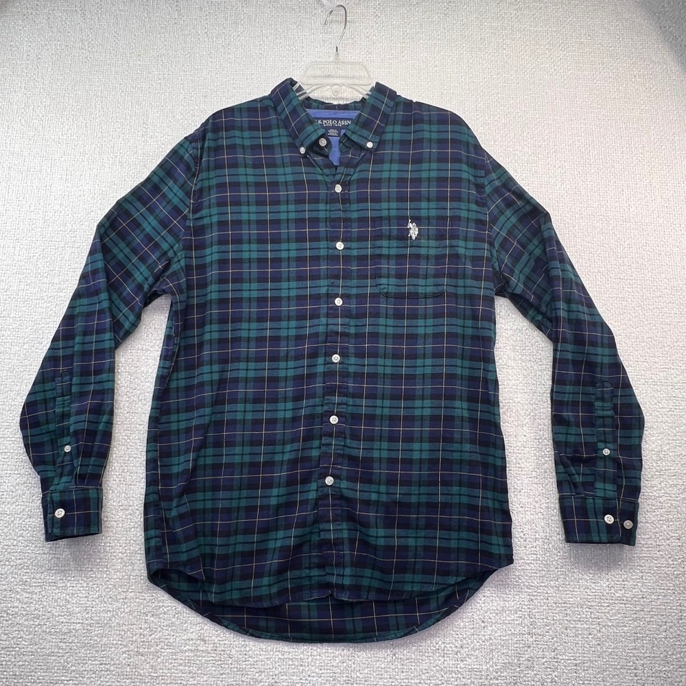 US Polo Assn Mens Long Sleeve Plaid Button Down‎ Shirt Green Navy Classic Fit